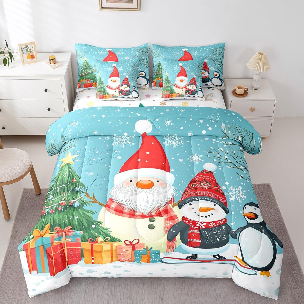 Erosebridal Red Christmas Bedding Set Full,Hexagon Patchwork Comforter Set 7 Pcs,Christmas Tree Snowflakes Bed in a Bag,Deer Wild Animals Xmas Socks Sheet Set Christmas Ornaments