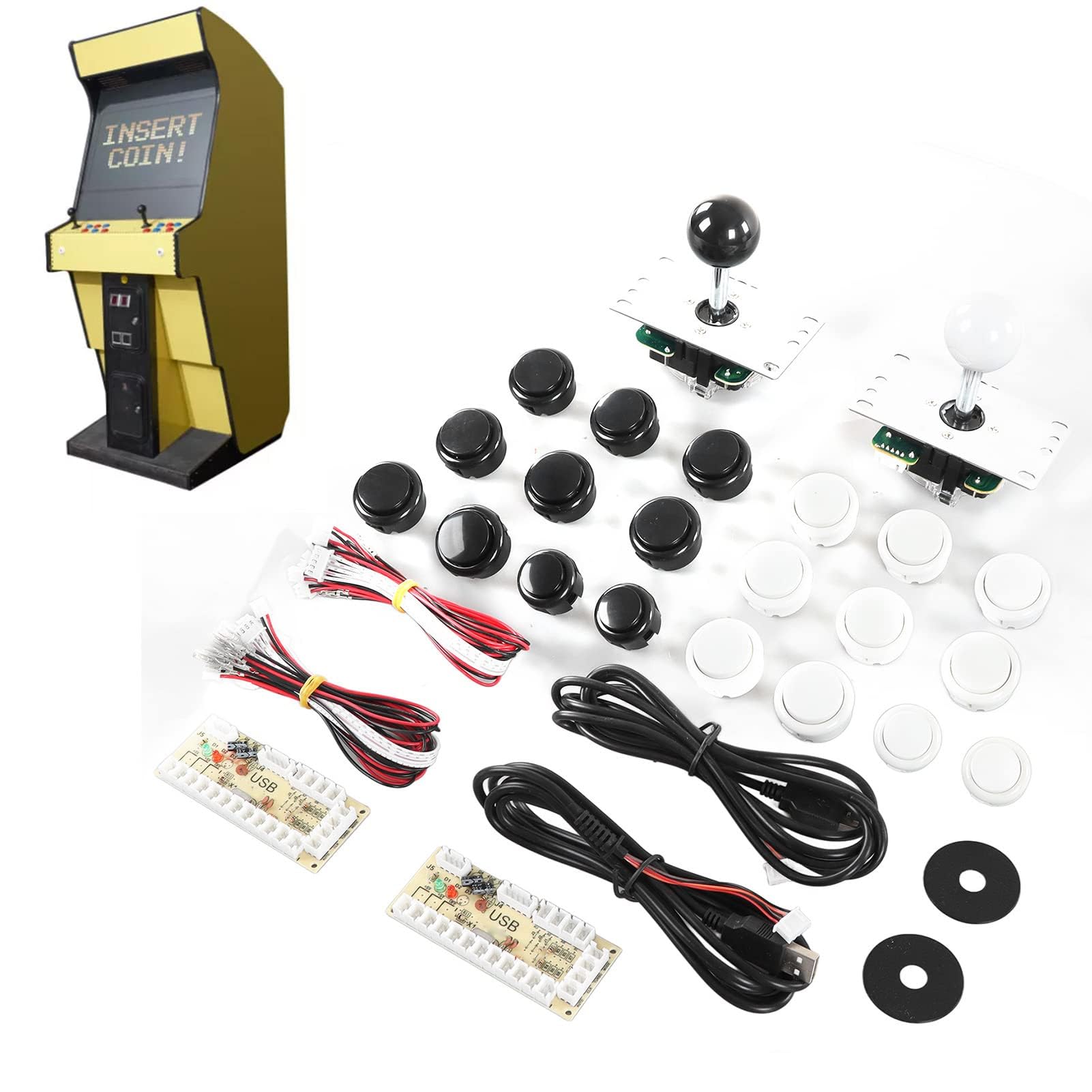 HERCHR 2 Giocatori Giochi Arcade Fai-da-Te Encoder Joystick Pulsanti Arcade Set 2 Maniglie Joystick Ovali Ellipse 20 Pulsanti Arcade(Nero+Bianco)