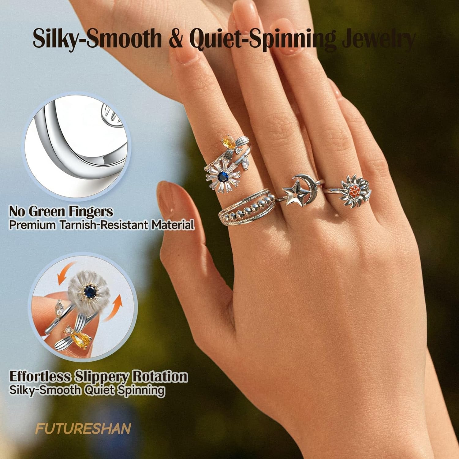 10Pcs Fidget Anxiety Rings for Women Adjustable Spinner Ring Gifts for People With Anxiety Moon Sun Butterfly Galaxy Daisy Flower CZ Stress Relief Calm Rings Jewelry 14K Gold/Silver/Rose Gold Plated