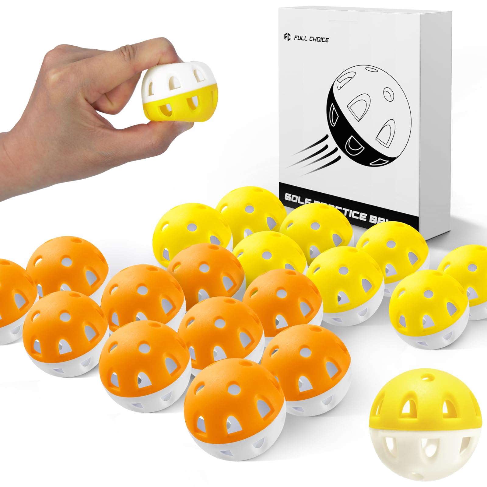 Full Choice Wear-Resistant Practice Golf Balls (20 Pack), High Visibility for Easy Tracking, Limited-Flight, Golf Balls Design, Indoor & Outdoor, 10 Yellow&10 Orange
