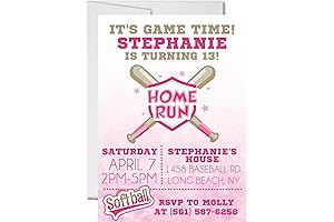 Pink Baseball Birthday Party Invitations with Envelopes for Girls, Softball Themed Birthday Invitations Cards