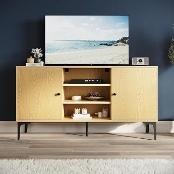 SONNI TV Cabinet TV Stand TV Shelf Lowboard for TV 60 Inches with 2 Cabinets 3 Open Compartments 2 Cable Holes Metal Feet for Living Room Dining Room and Bedroom 135 x 35 x 70 cm