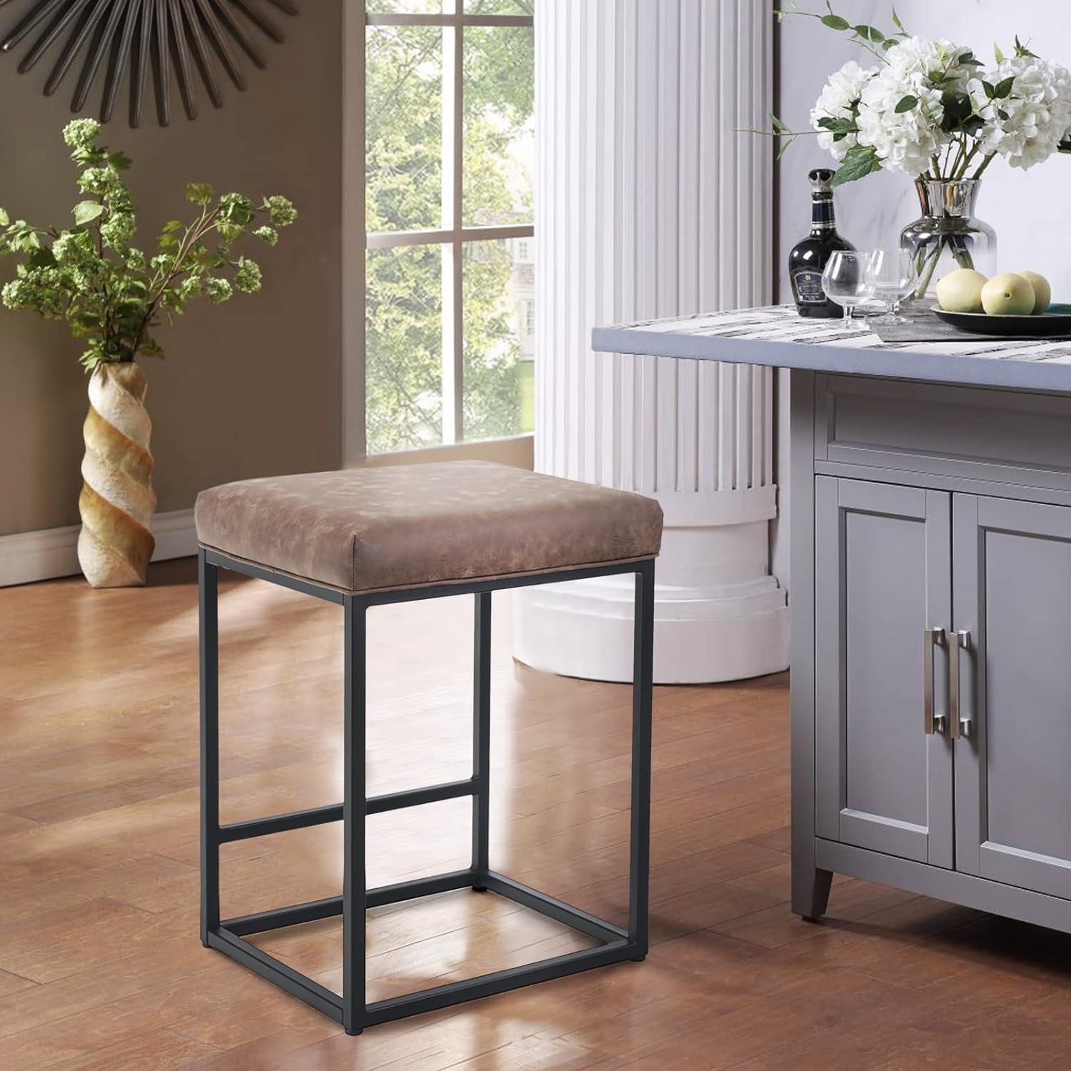 NEUMARK Decor 24" Bar Stools Set of 2, Counter Height Bar Stools for Kitchen Island,Modern PU Leather Backless Bar Stools with Metal Frame,Upholstered Counter Stools (1 Pcs, Brown)-image-18