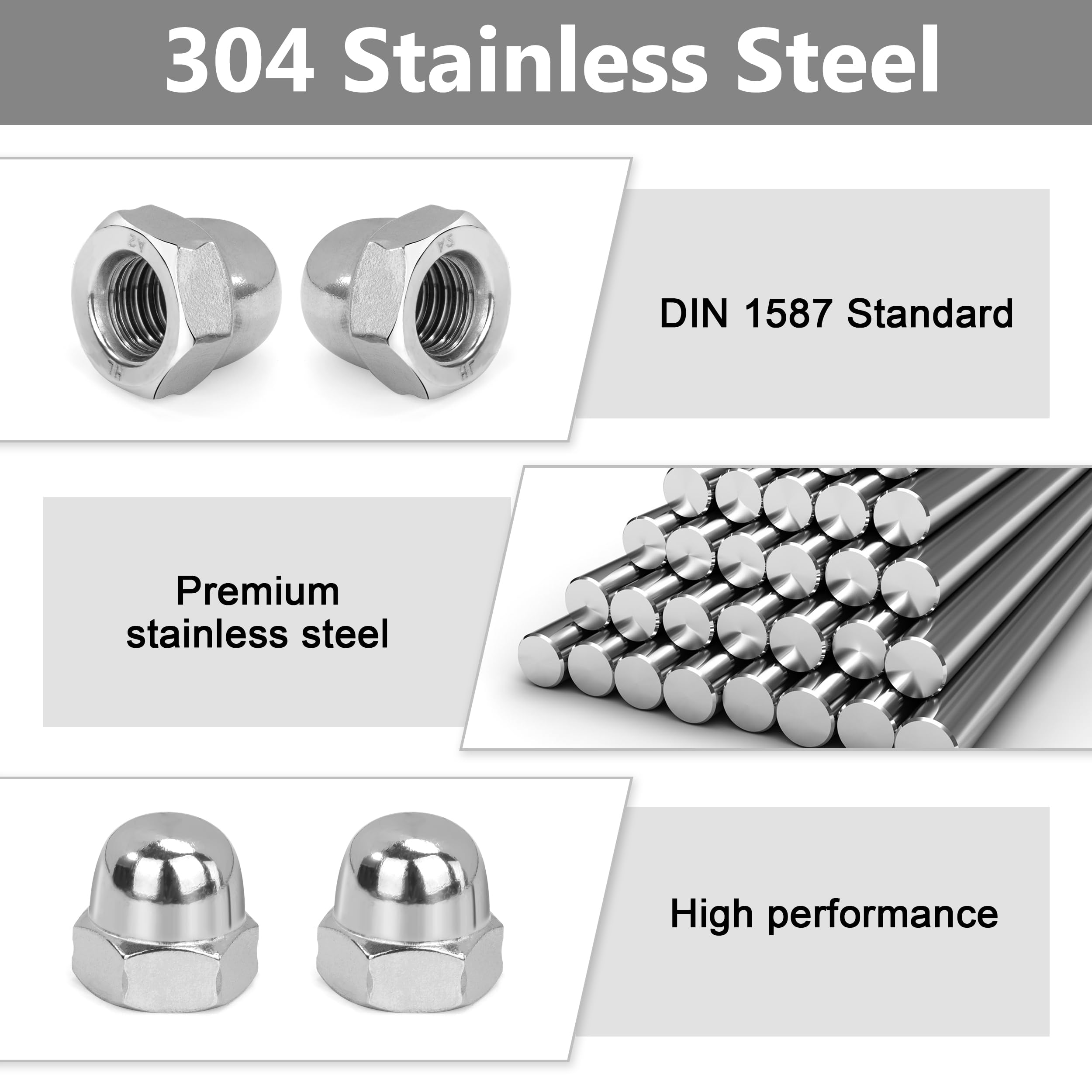 Dado Cieco A Calotta In Acciaio Inox M8 - Conforme DIN 1587, Confezione Da 10 Pezzi