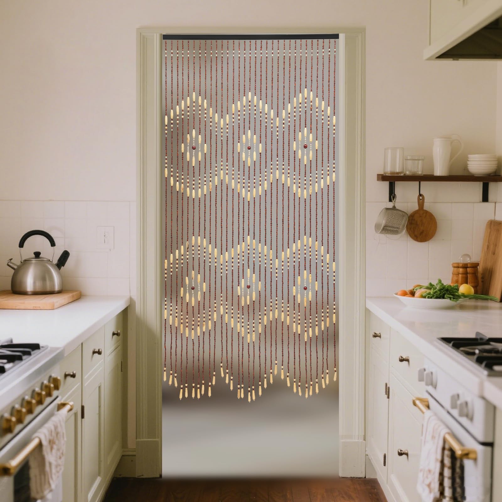Rideau de porte en perles, 31 chaînes de perles, fabriqué en bambou et bois, fait à la main, beige, marron, 90 x 175 cm, rideau de porte en bois naturel