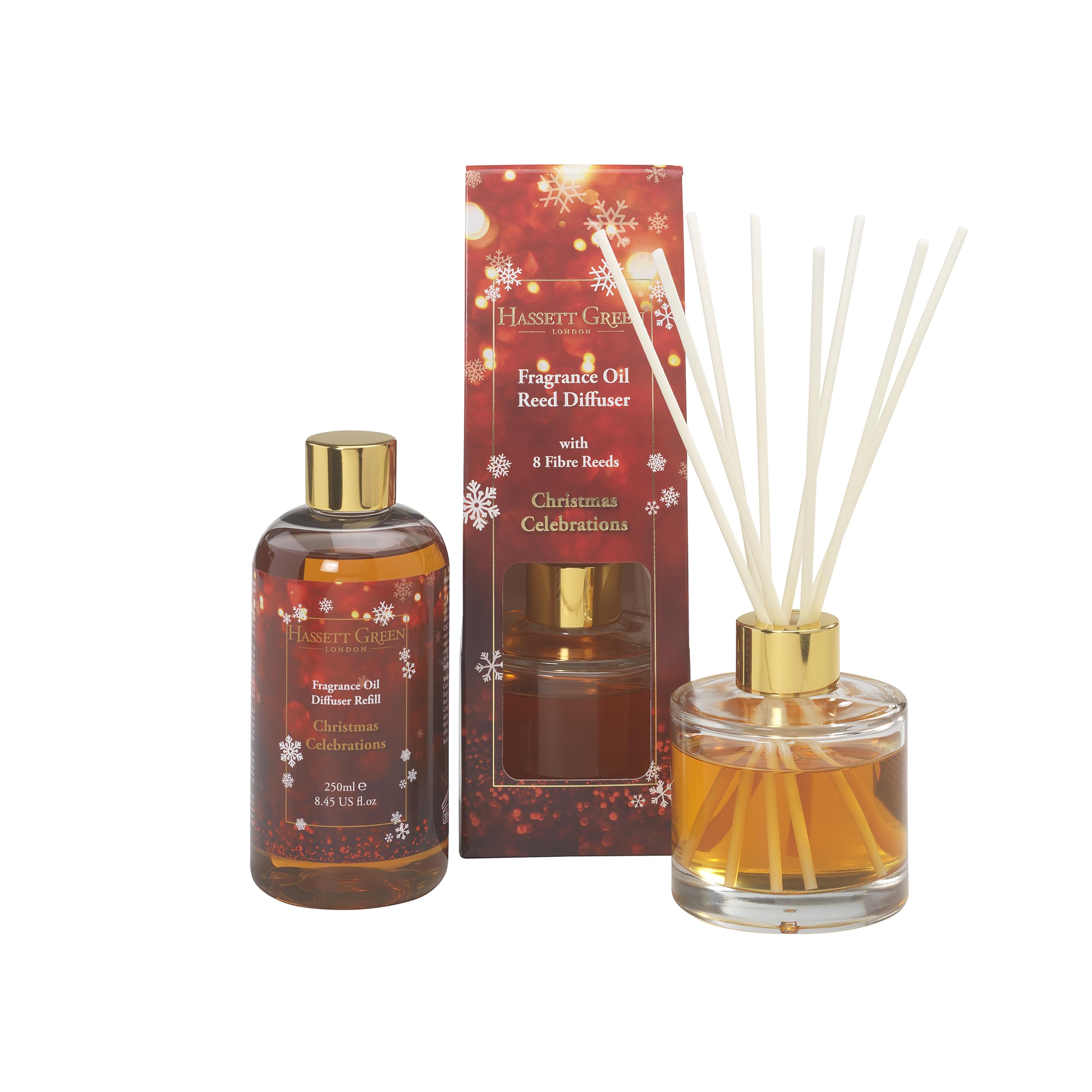 Hassett Green London - Christmas Celebrations Reed Diffuser & Refill Set - 100ml Glass Diffuser with 8 Fibre Reed Sticks + 250ml Fragrance Oil Refill
