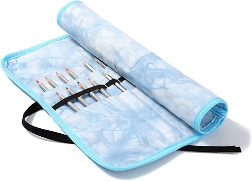 Rollo de pincel de colores con correa de lona, estuche para lápices con estampado de teñido anudado, 22 ranuras, organizador de bolígrafos de