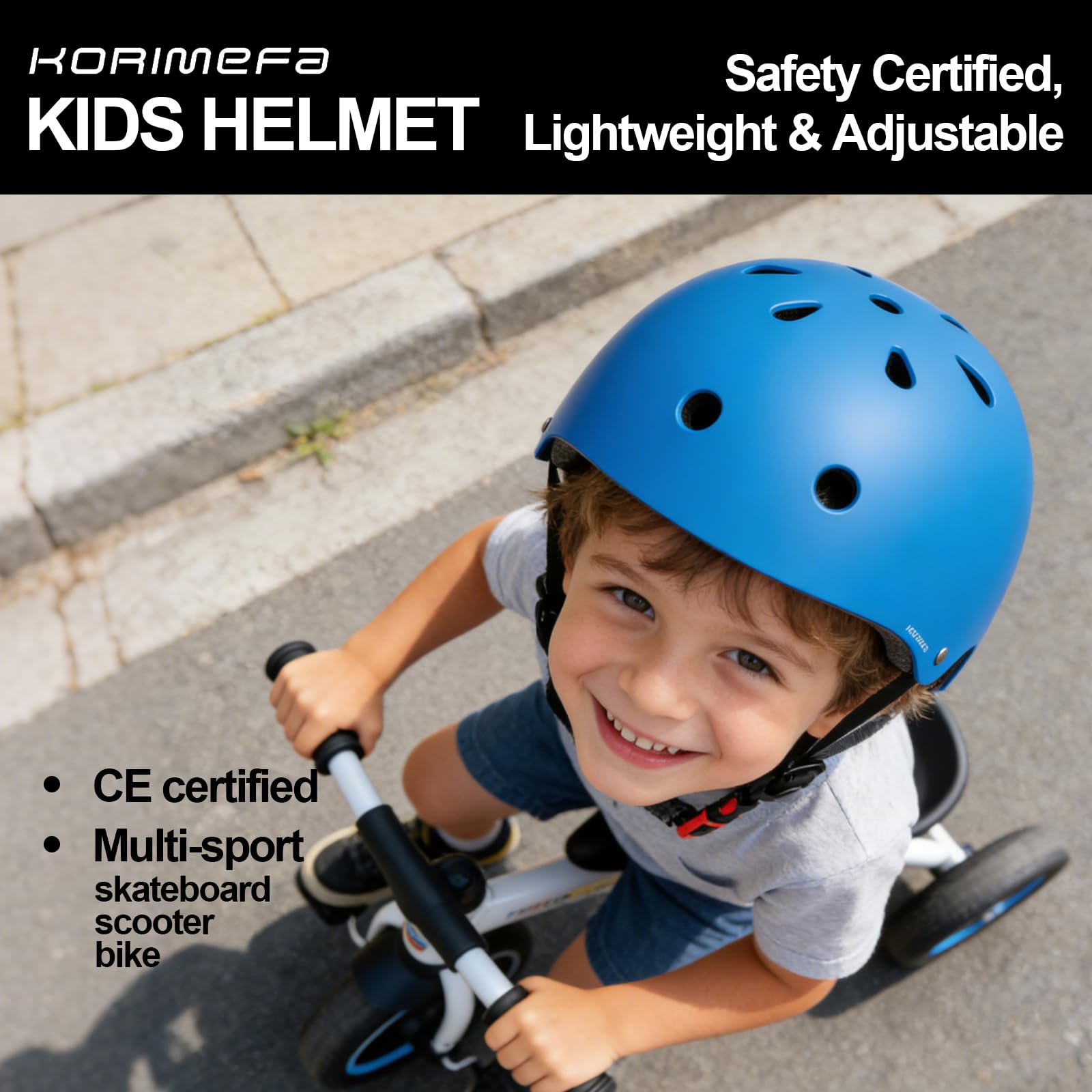 KORIMEFA Casco per Bambini 3-13 Anni, 51-58 cm, Leggero Sicuro e Regolabile, Ragazzi e Ragazze, per Bici, Bicicletta, Monopattino, Triciclo, Bicicletta Senza Pedali, Skateboard