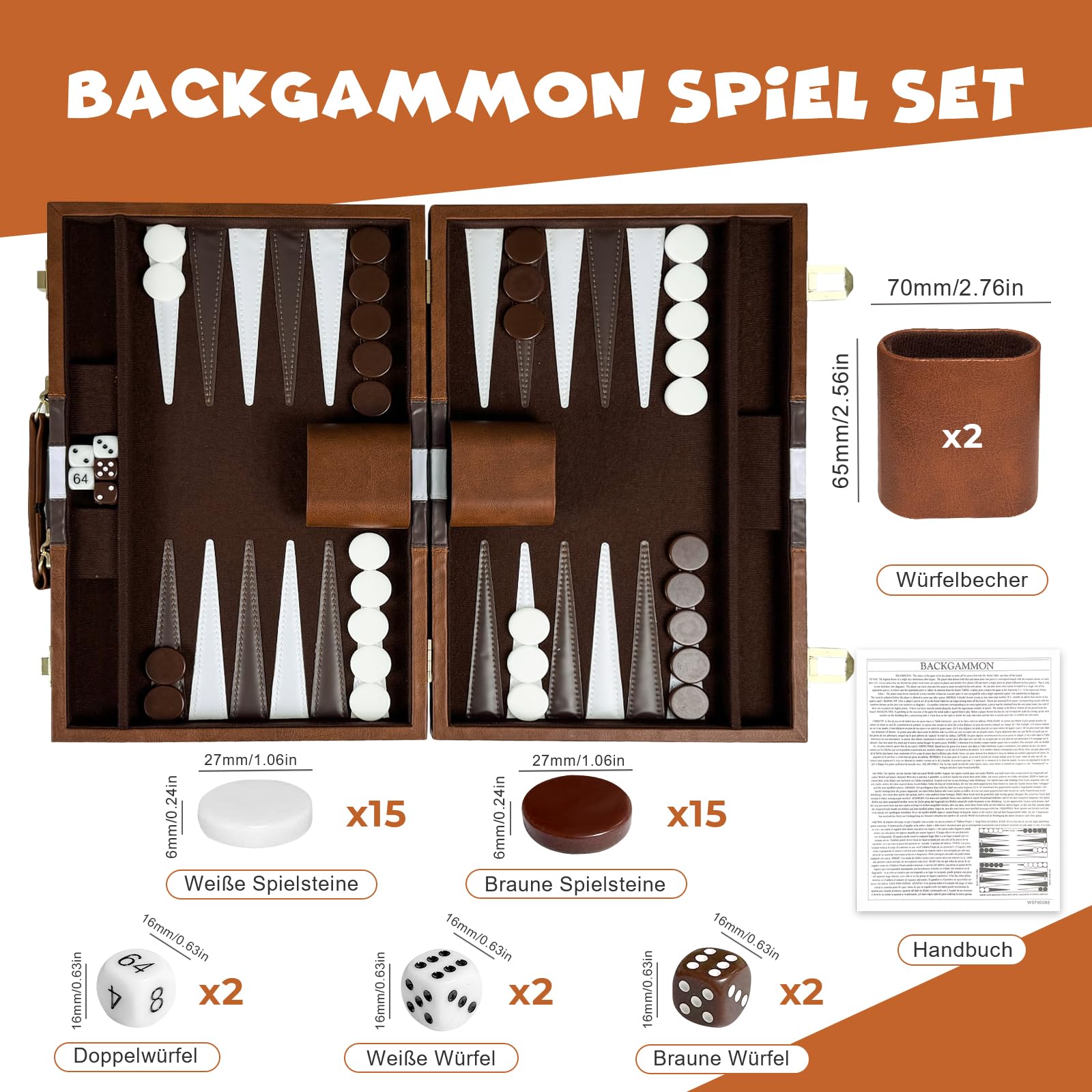 Backgammon Set, 15" Klassisches Backgammon Koffer, 2 Spieler Brettspiel Tragbares Reise Strategie Spiel Set für Erwachsene Kinder (15 Zoll, Braun)