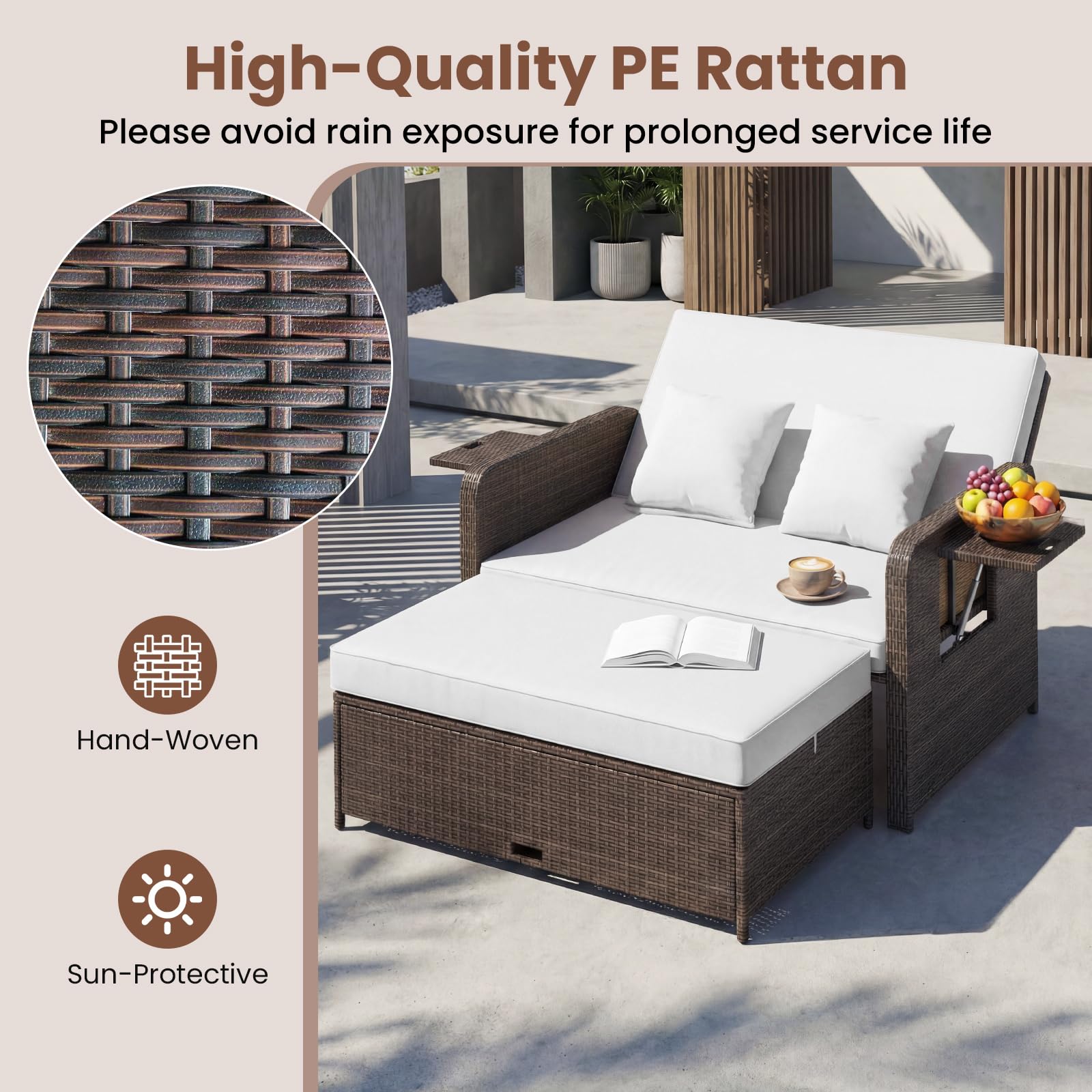 GIANTEX Divano da Giardino in Rattan con Poggiapiedi, Doppio Divano da Esterno con Schienale Regolabile, Mobili da Giardino per Terrazza, Balcone, Cortile (Misto Marrone+Bianco)