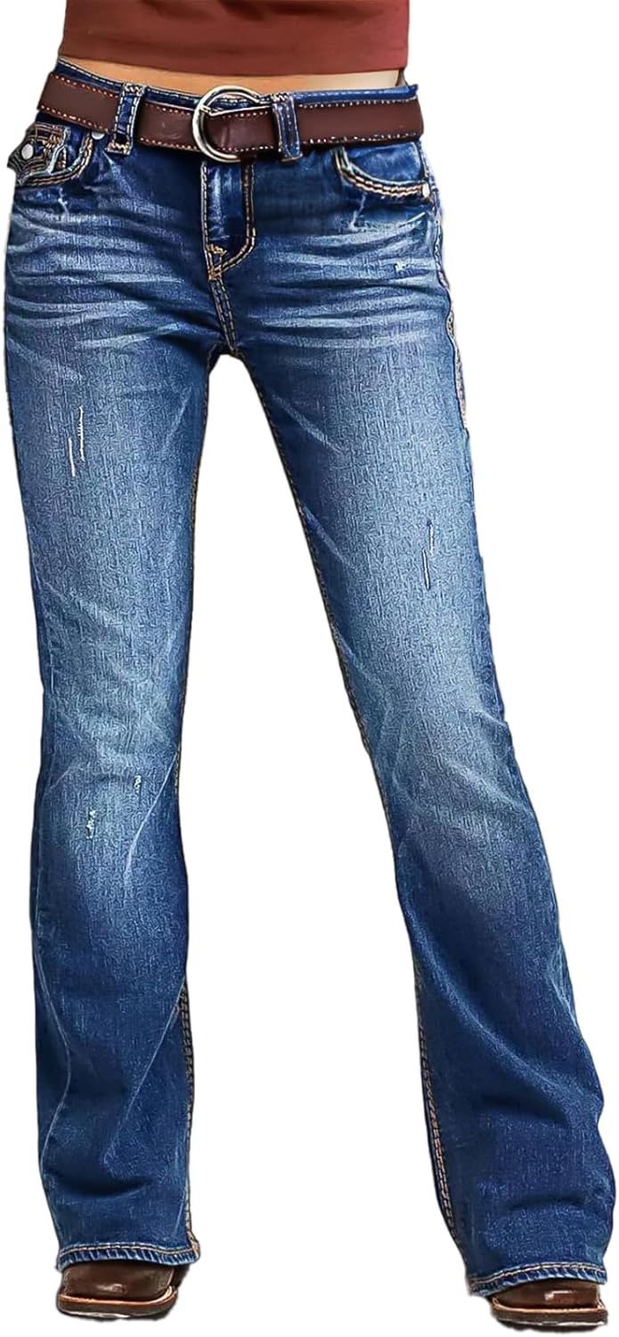 Flamingals Bootcut Jeans for Women Trendy Mid Rise Stretchy Wash Ripped Butt Lifting Western Jeans Without Belt