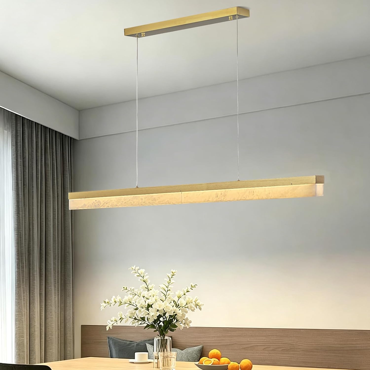 Rectangular Alabaster Chandelier, 47" Gold Linear Chandeliers for Dining Room, Modern Natural Spanish Marble Rectangle Chandelier for Kitchen Island, Living Room, Luxury LED Dimmable Light Fixture