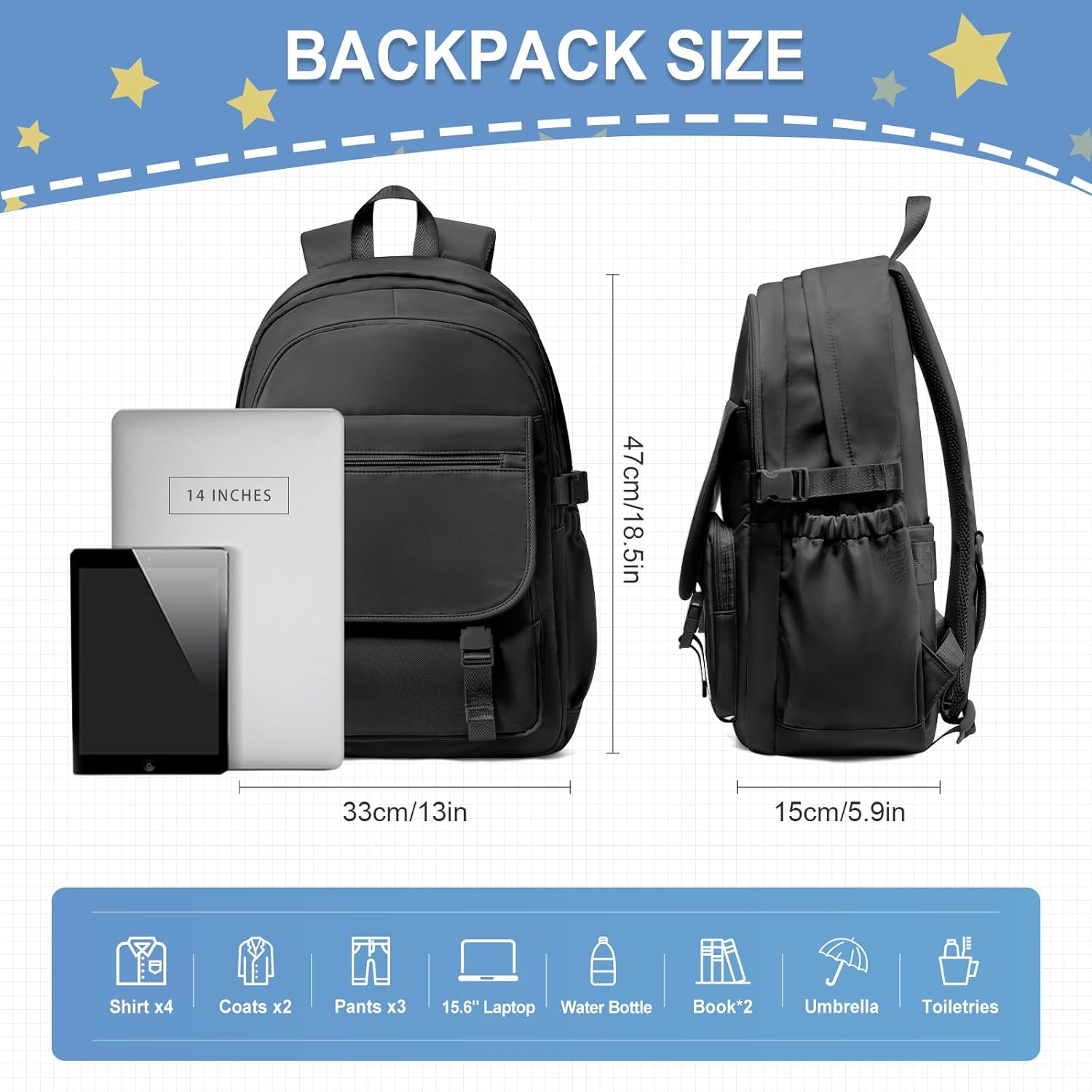 Black Lightweight Waterproof Backpack for Women Men Large Capacity College School Bag with Luggage Straps Multiple Pockets Durable High School Bookbag, Casual Daypacks for Students Girls Boys - Image 2