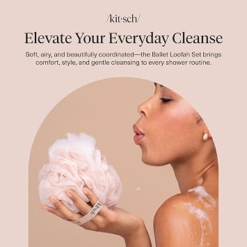Kitsch Shower Loofah Soft Mesh Body Scrubber & Bath Sponge for Daily Gentle Cleansing Durable Loofah for Men and Women with Hanging Loop, Eco-Friendly, 100% PCR Material 3pc Set, Ballet