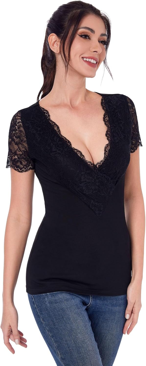 AmélieBoutik Women Lace Trim Sleeve Neckline Deep V Neck Sexy Short Sleeve Tops T-Shirt