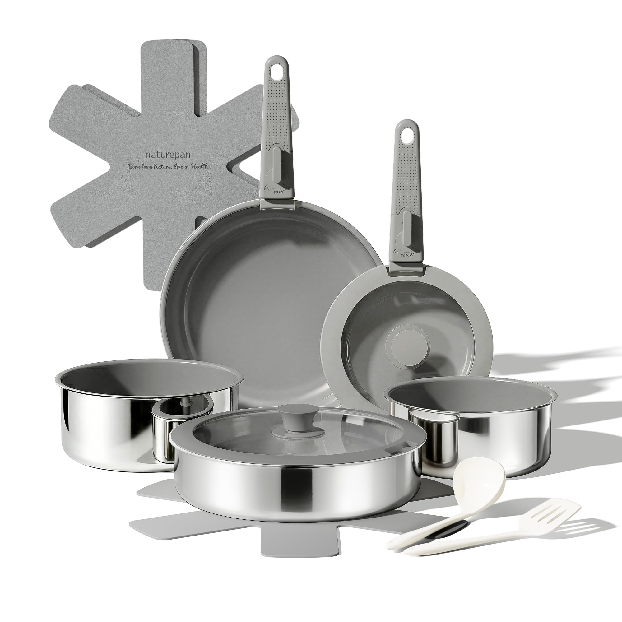 Naturepan 16-Teiliges Antihaft-Kochset, Diamant-Titan-Keramik Pfanne& 3-Schichtiger Edelstahl Töpfe & Pfannen Set mit abnehmbarem Griff, Spülmaschinengeeignet, Induktionsgeeignet, Ofenfest