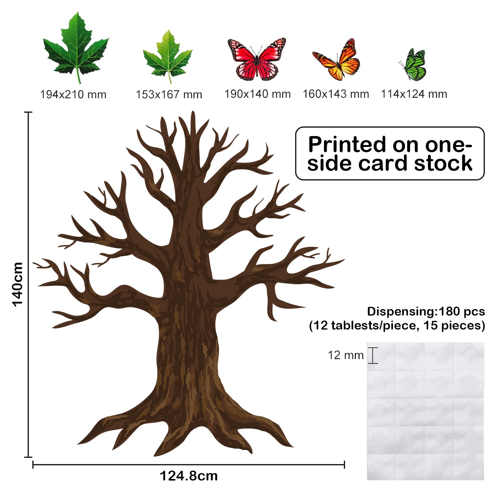 60 Stück 178,8 x 139,7 cm Klassenzimmer Big Tree Pinnwand Set mit Blättern und Schmetterlingen, Woodland Whimsy Decor mit 180 Stück abnehmbaren Klebepunkten für Schuldekoration (hellgrüne Blätter)
