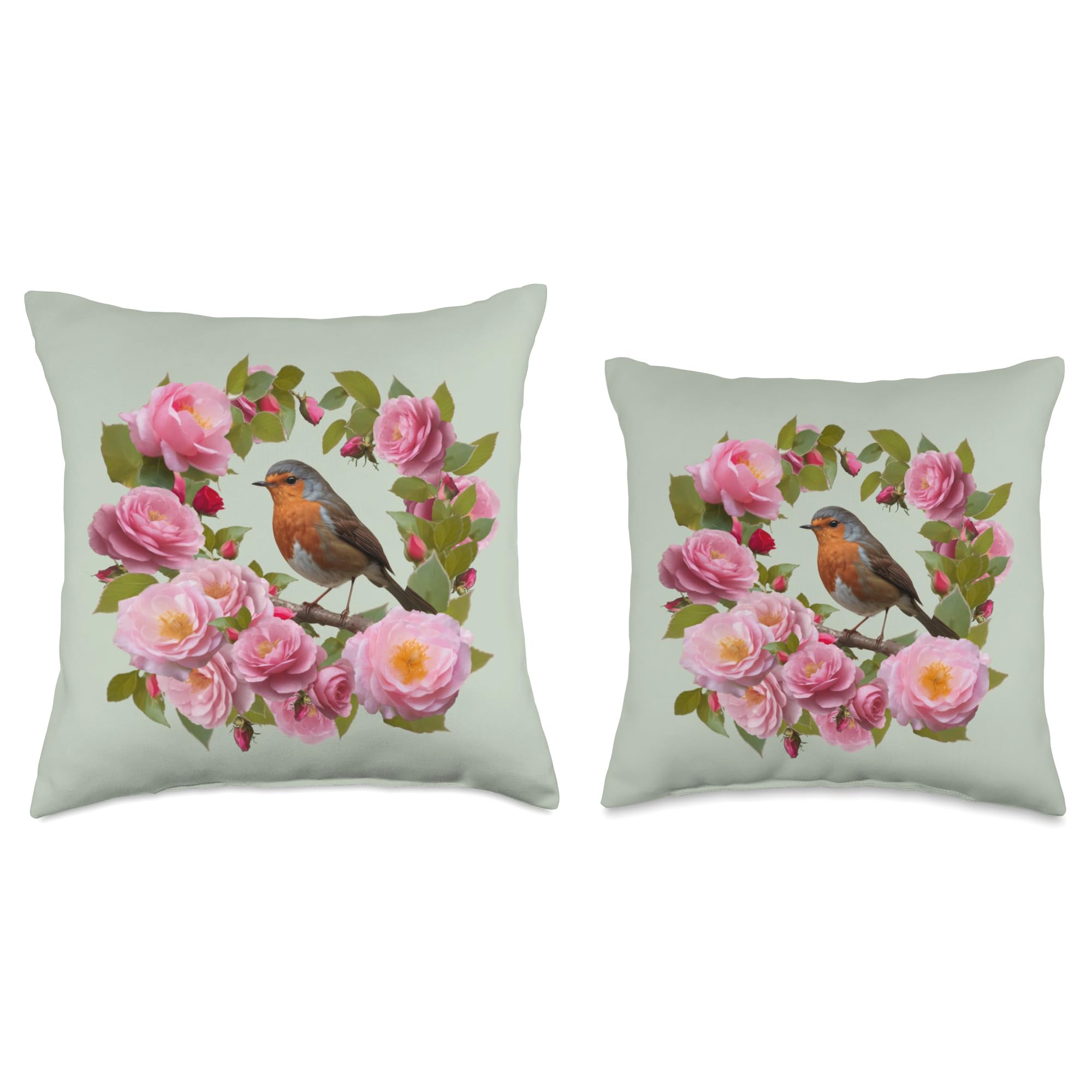 Wild roses and robin design. Pink & Green colour scheme Throw Pillow