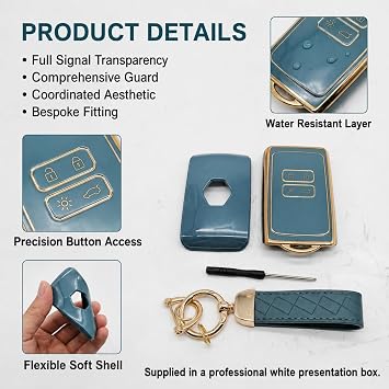 Car Key Cover 4 Button for Renault Key Card Case Dacia Key Fob Holder Soft TPU Protection Shell Cover Compatible with Dacia Duster Espace Renault Clio Captur Megane Kadjar (Blue/Gold)