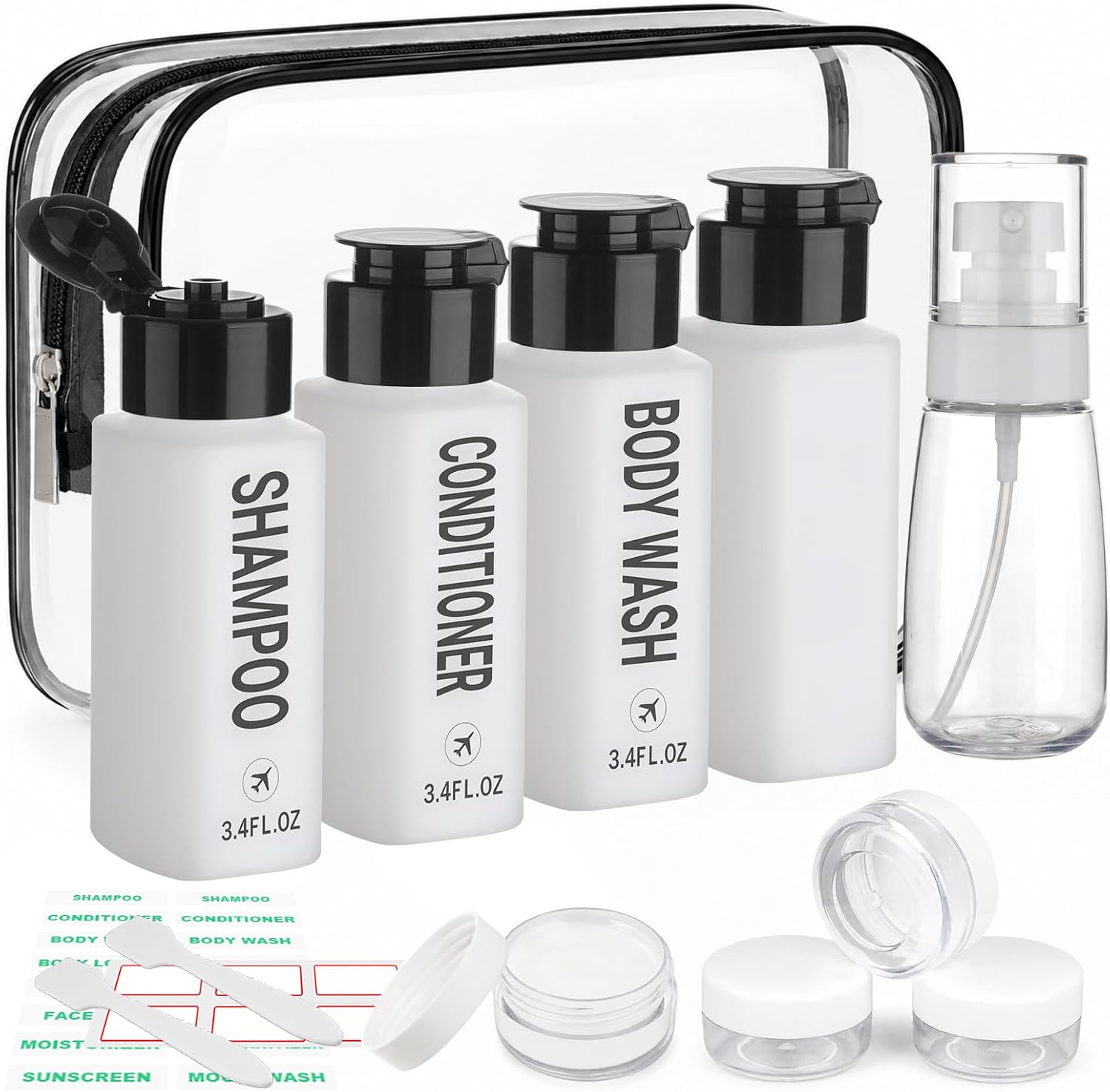 Travel Bottles for Toiletries 14PCS 3.4oz Pre-Printed Shampoo, Conditioner, Body Wash TSA Approved 2oz Travel Spray Bottle Leak Proof Plastic Cream Jars Refillable Lotion Containers(Black)