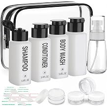 14PCS 3.4oz Travel Bottles for Toiletries Pre-Printed Shampoo, Conditioner, Body Wash, Wide Mouth Containers TSA Approved 2oz Travel Spray Bottle Leak Proof Plastic Cream JarsBlack&White