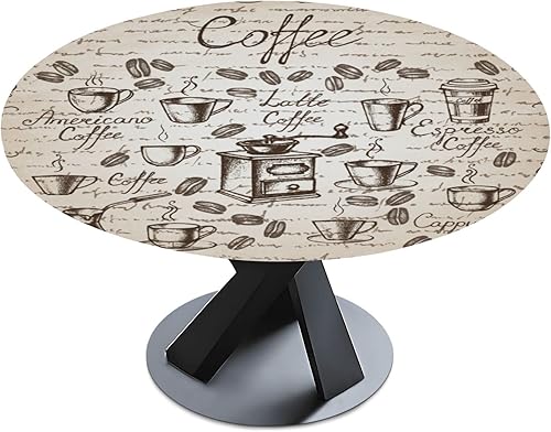 Mantel redondo con diseño de café vintage, ajustable, lavable, para cocina, mesa de comedor, fiesta, picnic, 60 x 60 pulgadas