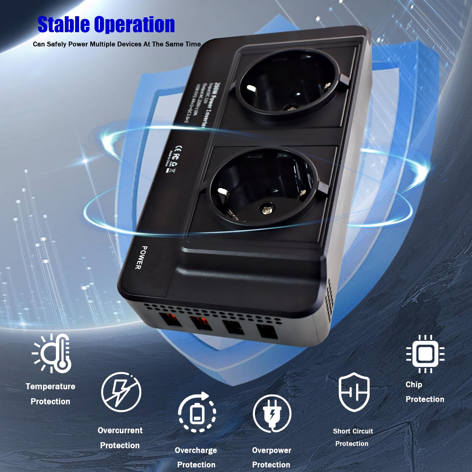 200W Inverter 12V a 220V Convertitore Potenza Onda Modificata - Ricarica Rapida, Protezione Multipla, 2 Prese CA, 4 Porte USB, Display Digitale per Auto, Camper, Campeggio, Lavoro in Movimento