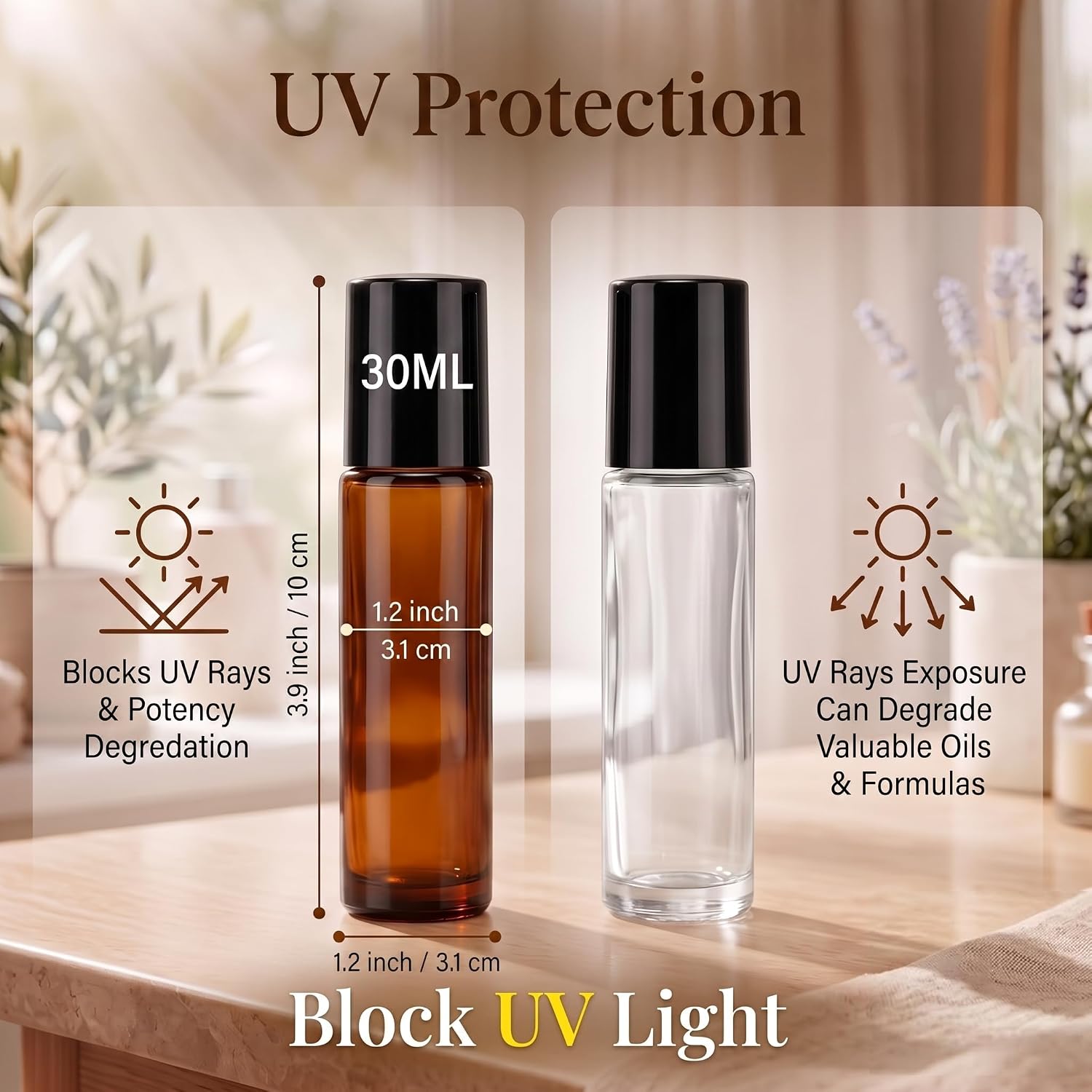 2 Pack 30ml Amber Glass Roller Bottles Refillable Empty Roll On Bottles