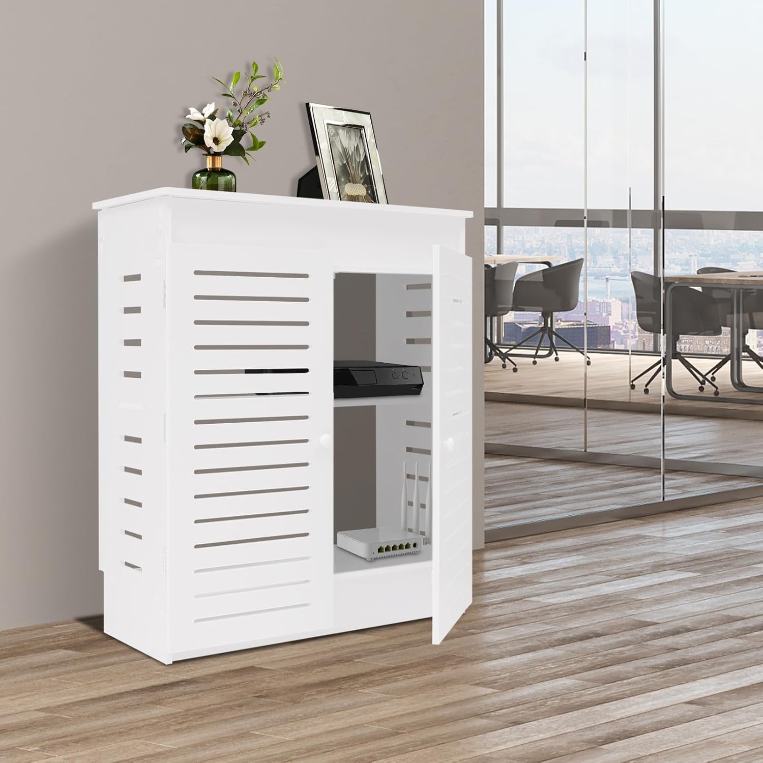 WiFi Router Storage Cabinet, 2-Tier Floor Standing Electronics Organizer with Cable Management TV Set-Top Box & Power Strip Hider Decorative Storage Box for Home Office (White, 23.62"x9.84"x27.55")
