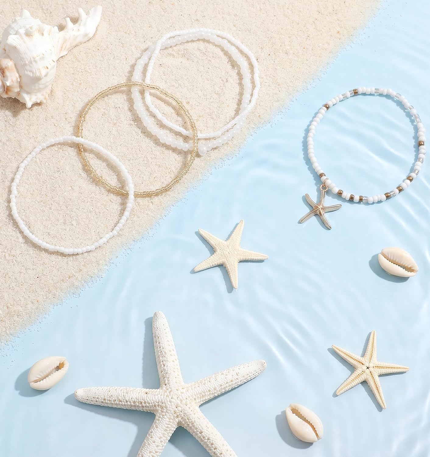 7PCS Beachy Bracelets, Stackable Seashell & Shell Bracelets for Women, Boho Beaded Summer Jewelry Gift Set