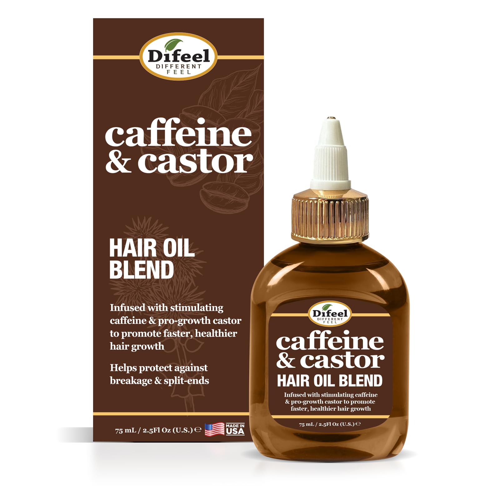 Difeel Caffeine & Castor Hair Oil Blend for Thicker, Fuller-Looking Hair - Travel Size 2.5 oz - Nourishing Scalp & Hair Oil Treatment, Strengthens Moisture Retention