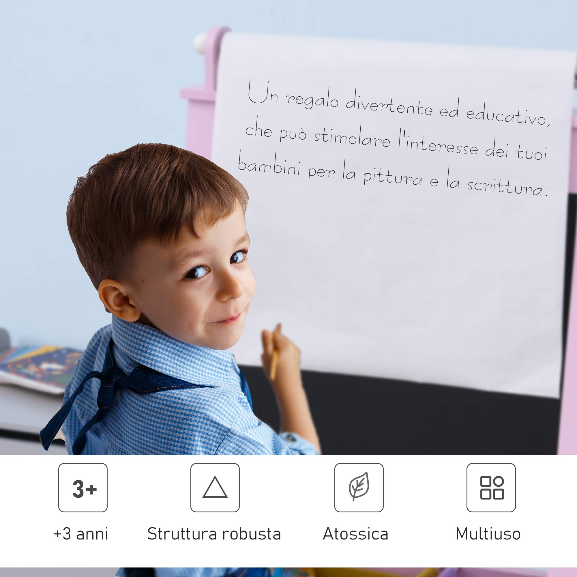 HOMCOM Lavagnetta per Bambini in Legno Rosa con Cavalletto 3 in 1: Lavagna Bianca, Nera e con Rullo Fogli di Carta
