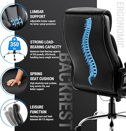 Miniatura 5 de Silla de oficina grande y alta de 350 libras, soporte lumbar ajustable, cojín con respaldo alto de resorte, sillas de escritorio ejecutivas, diseño
