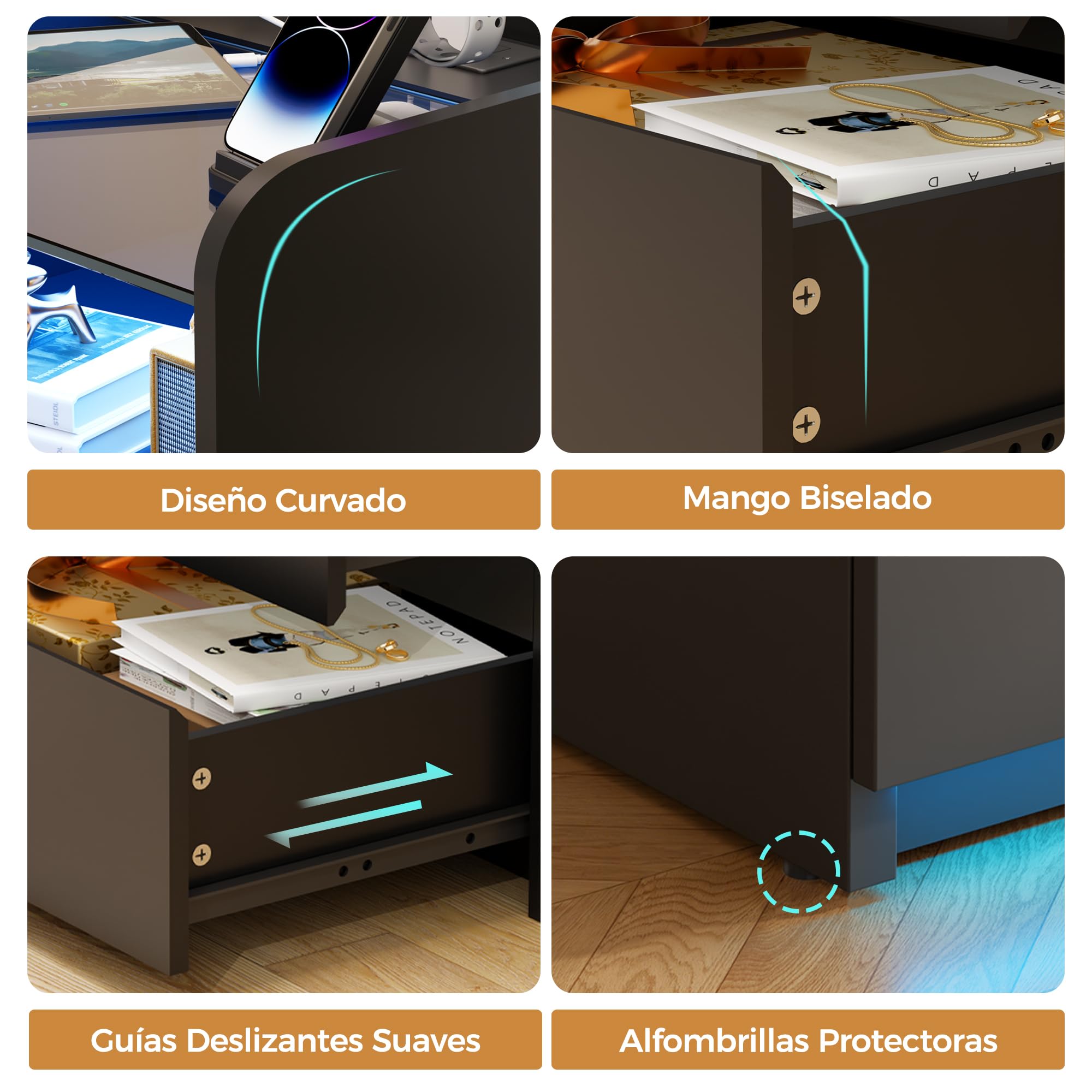 ANWBROAD Juego de 2 Mesitas de Noche con Enchufes Integrado y LED Luces, Mesilla de Noche con Tapa de Vidrio, Mesa Auxiliar con 1 Compartimento Abierto y 2 Cajones,para Salón,Dormitorio,Negro BNS001B
