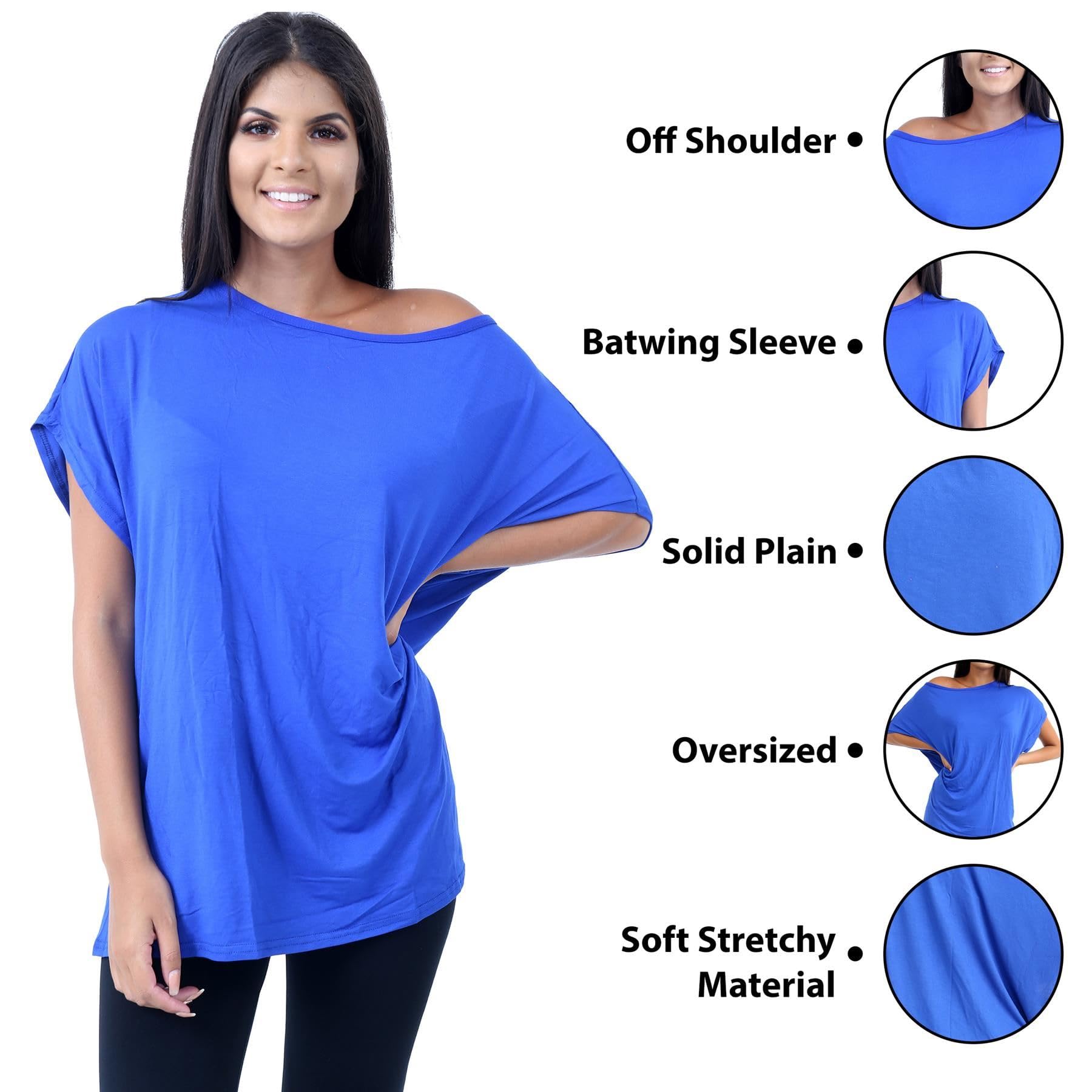 Lot de 3 t-shirts surdimensionnés à manches courtes avec épaules dénudées chauve-souris pour femmes, t-shirts amples unis, épaules dénudées, fête et tenue décontractée, bleu marine, 40-42