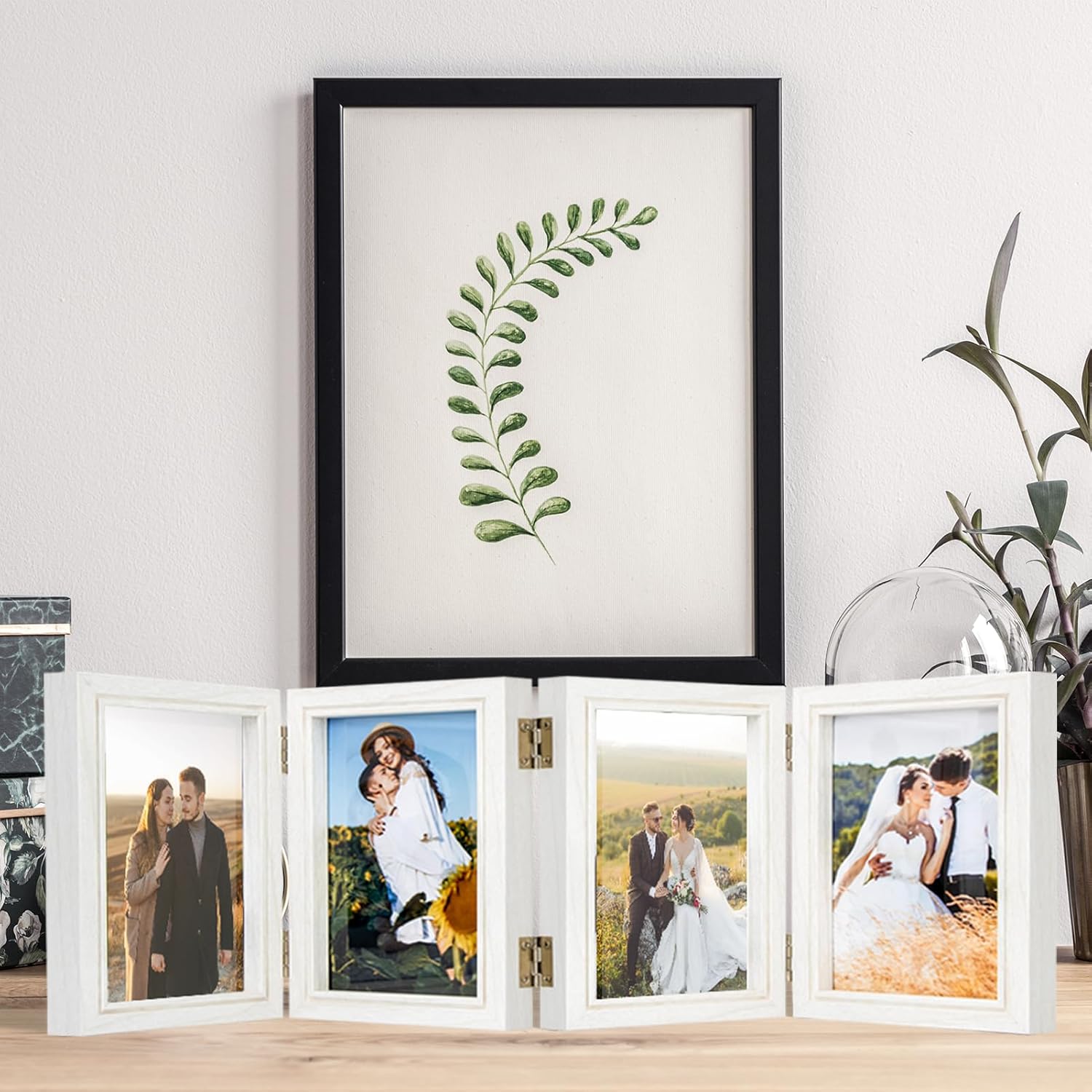 4x6 Four Picture Frame 4 Hinged Photo Frame with 4 Openings, Natural Wood Foldable Photo Frame with High Definition Acrylic for Birthday Father's Day Christmas Gift, Rustic Desk Family Picture Collage, White - Image 3