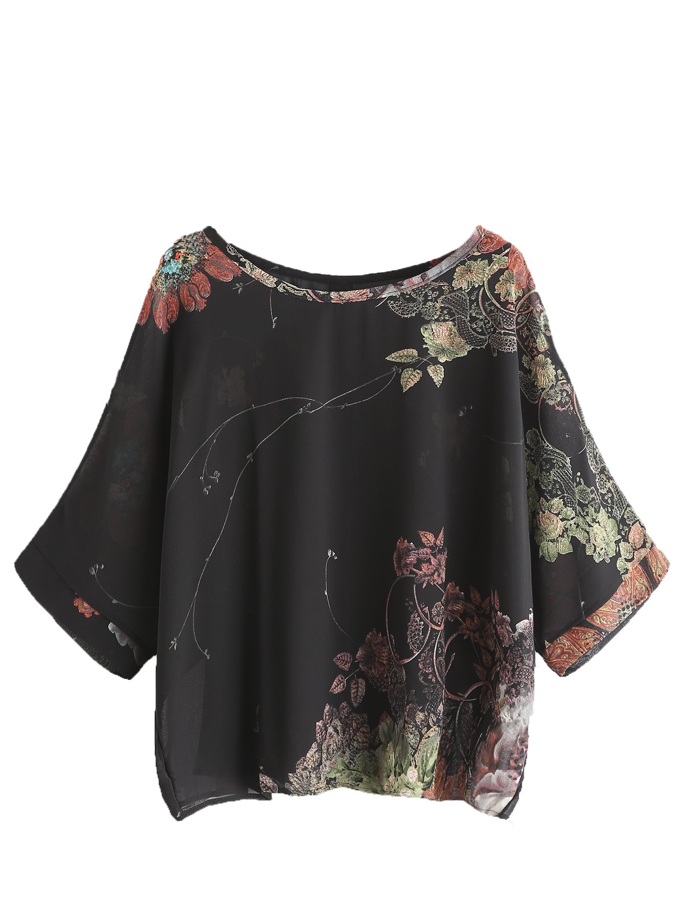 Milumia Women's Florals Batwing Sleeve Button Back Chiffon Blouse