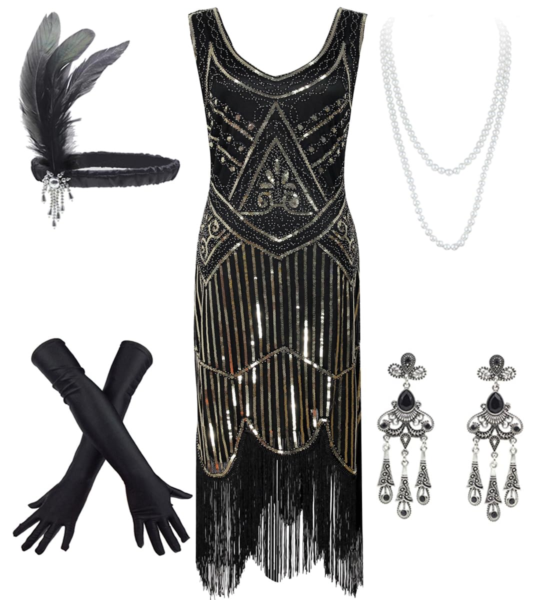 Women's Vintage 1920s Sequin Beaded Tassels Hem Flapper Dress w/Accessories Set