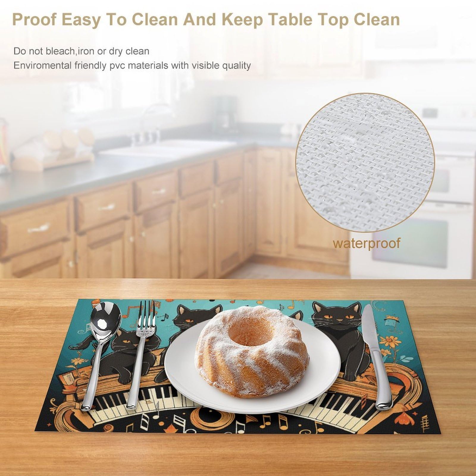 Set di 6 tovagliette all'americana in PVC con quattro gatti neri sdraiati sul pianoforte, lavabili e resistenti al calore, antiscivolo, impermeabili, per tavolo da pranzo per interni ed esterni