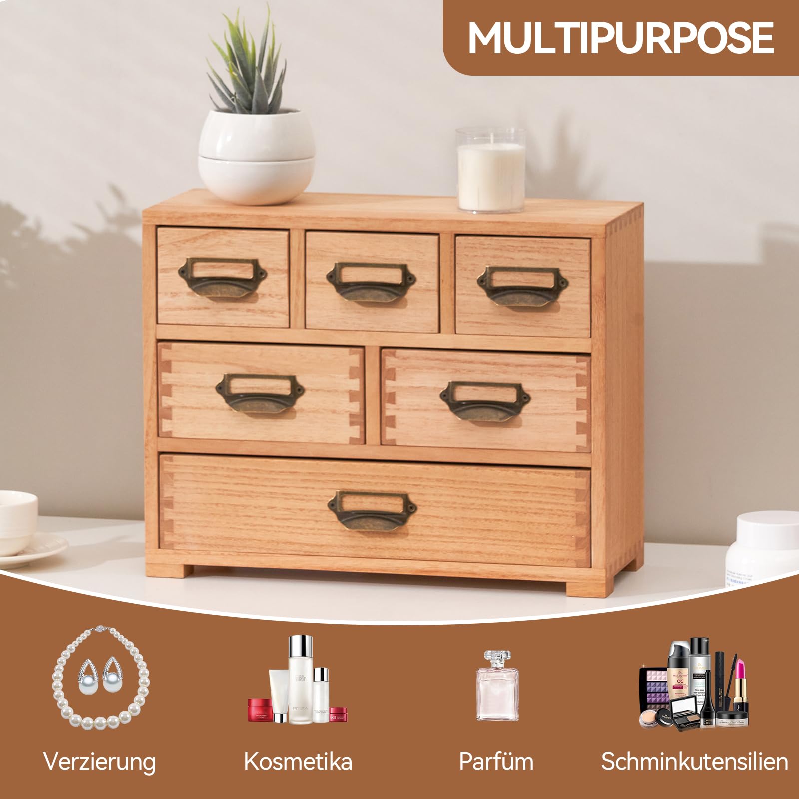 KIRIGEN Schubladenbox, Mini-Kommode, Schreibtisch-Organizer, Natur | 6 Schubladen, Paulownia-Massivholz, 35,7 x 14,2 x 28,1 cm, handgefertigt, fertig montiert, Zapfenverbindungen, mit Pflanzenöl