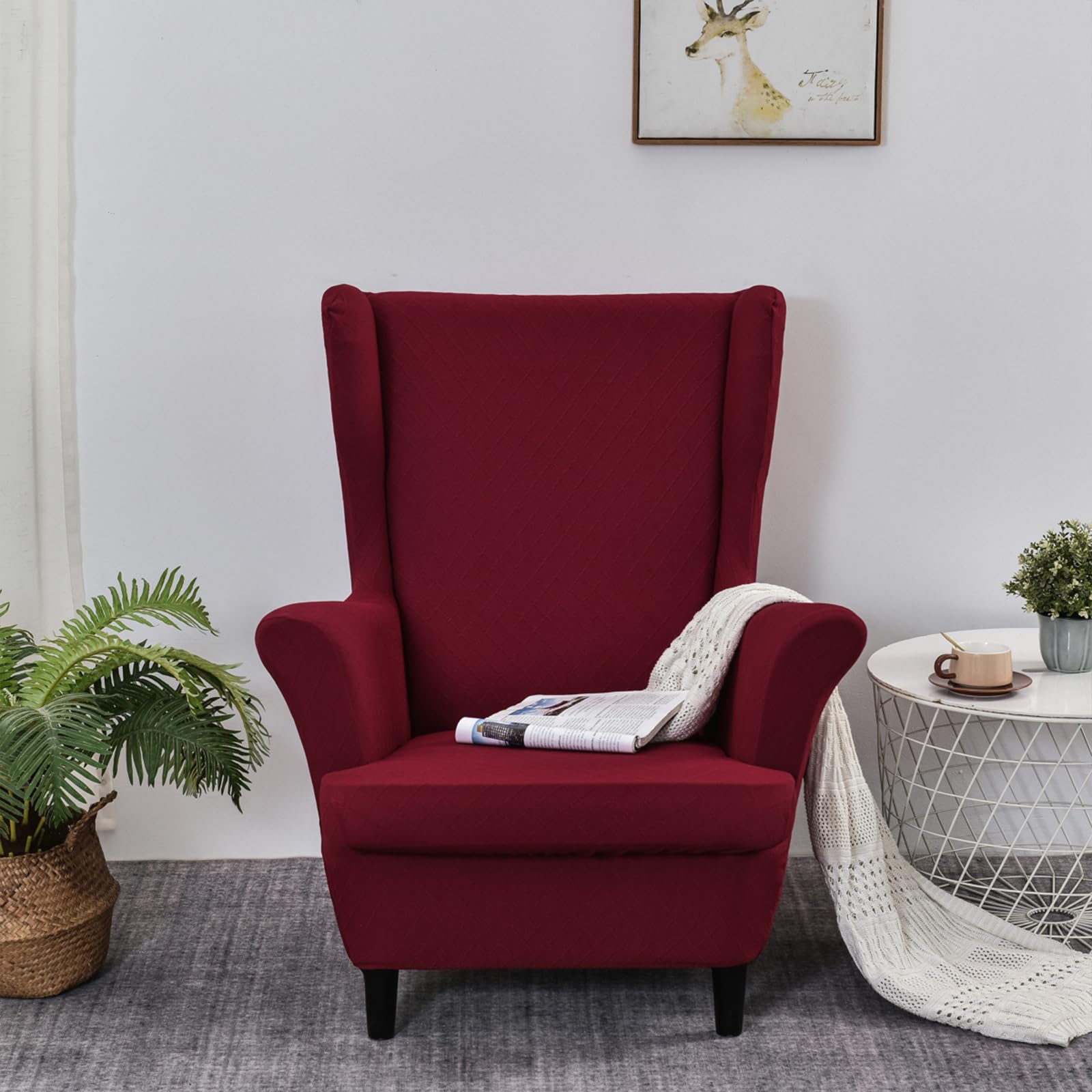 Funda de silla orejera elástica jacquard con cubre otomano a juego en color rojo oscuro