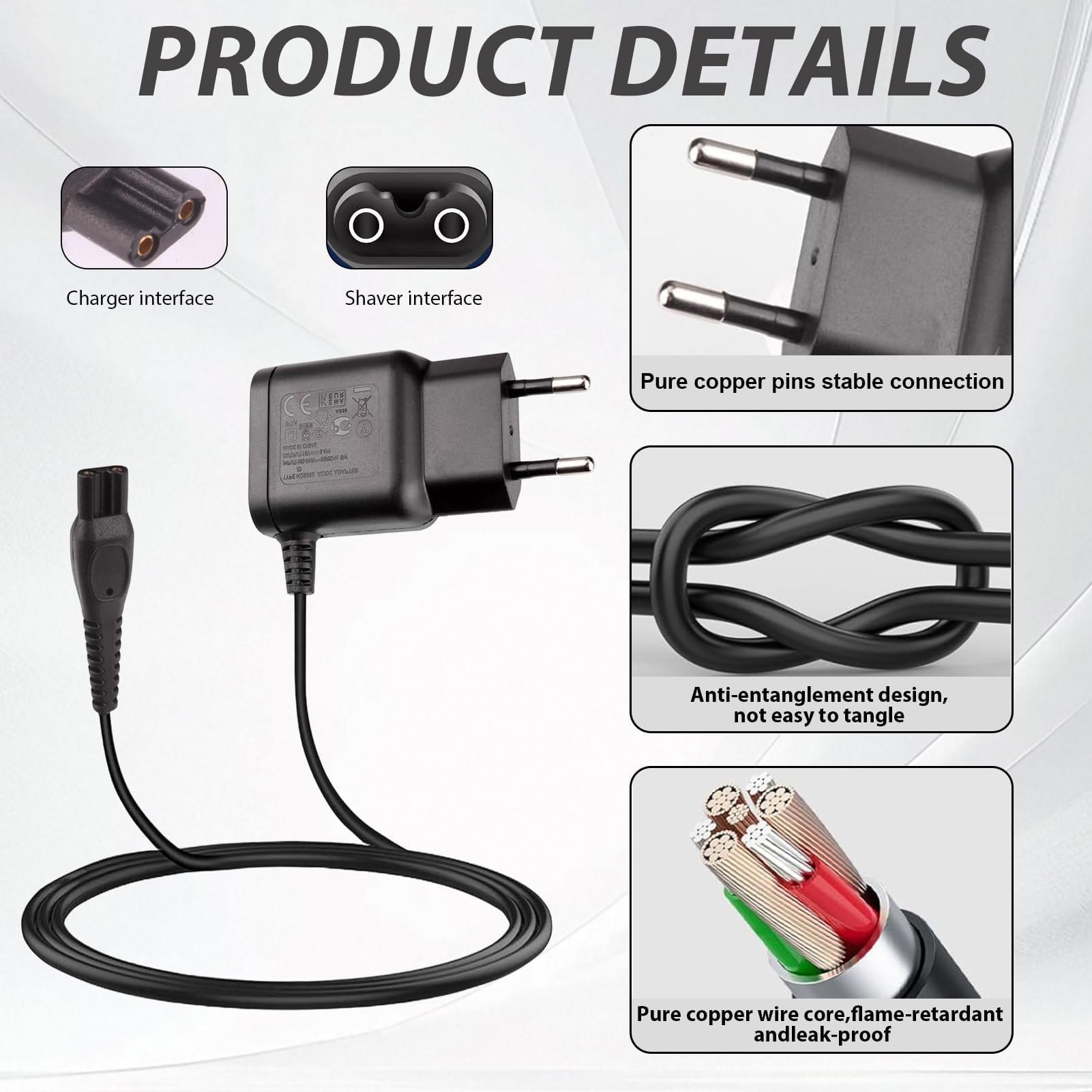 Cargador Afeitadora de 15 V para Philips HQ8505 Adaptador de Alimentación Eléctrica Compatible con Serie 3000 5000 7000 9000 QP6510 QP6520 QP6530 QP6620 MG7720 MG7710 Cargador Afeitador Negro — view 3