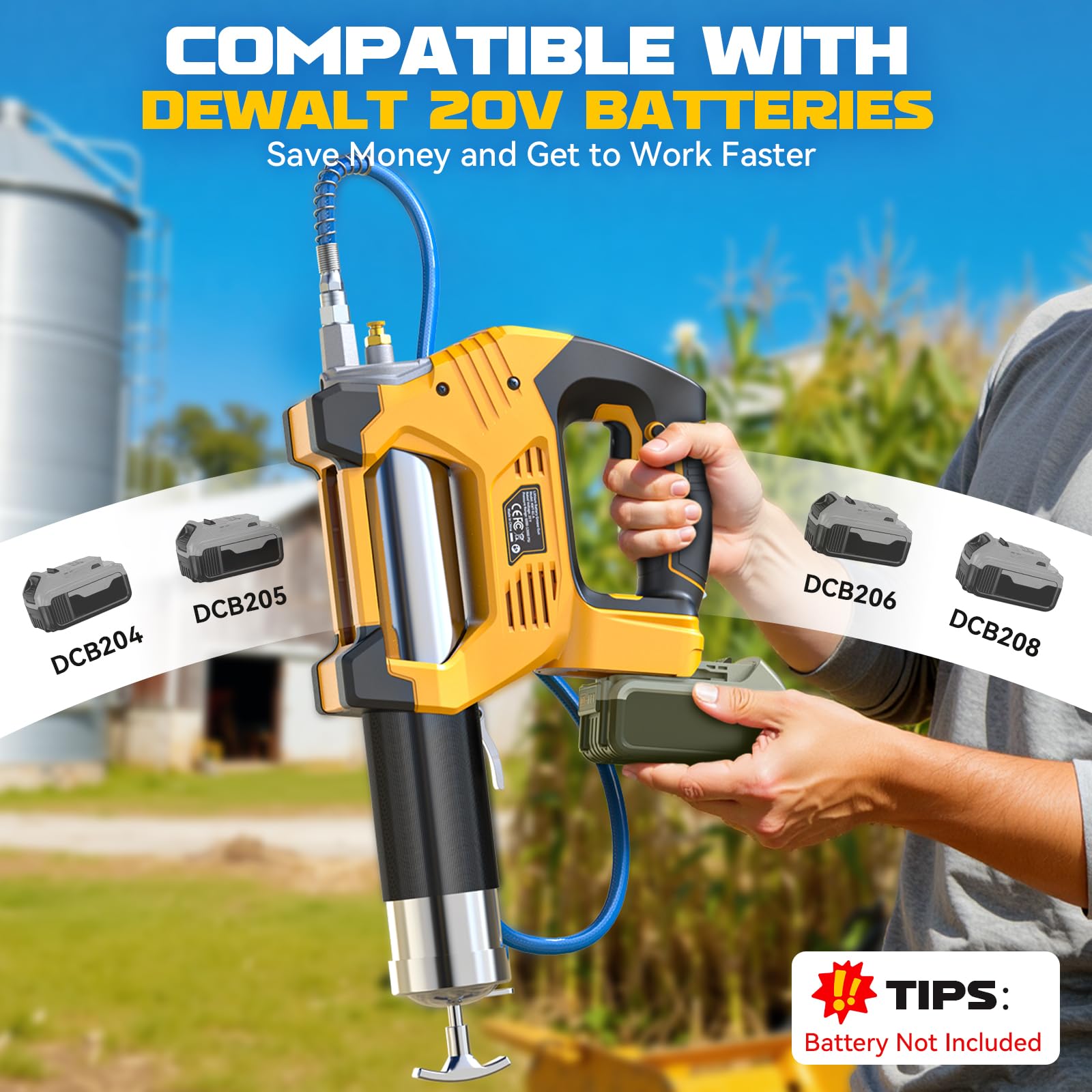 Ecarke Pistola de grasa inalámbrica, compatible con batería DeWalt de 20 V (herramienta desnuda), flujo ajustable de 3 velocidades, 12,000 PSI máximo, manguera de 39 pulgadas, funciona con grasa a