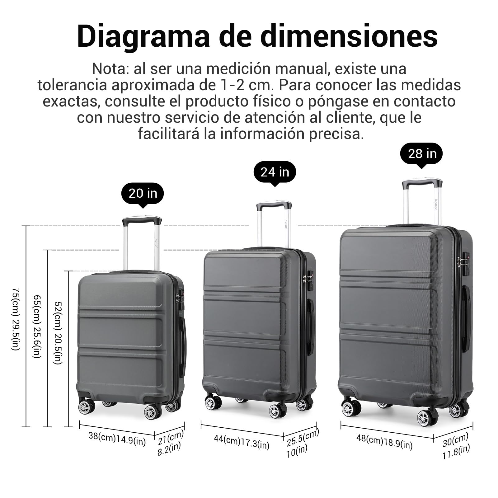 Kono Maletas de Viaje Mediana 65cm, Equipaje Facturado, Gris | ABS+PC Ligera, Textura Antiarayaduras, 4 Ruedas TPE 360°, Cerradura TSA, Mango 3 Alturas, Organización Interior