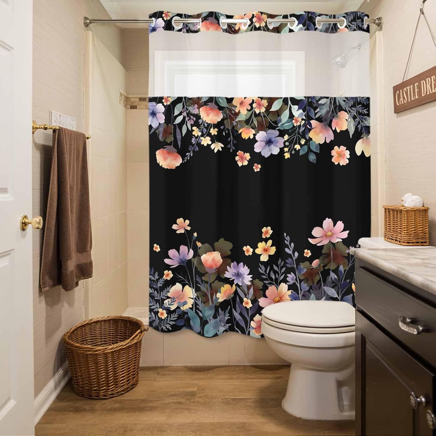 Savannan No Hook Shower Curtain with Snap in Liner, Rustic Pastoral Flower Leaf Waterproof Fabric Bathroom Curtain Mesh Top Window Washable Spring Floral Plant on Black 60x72in