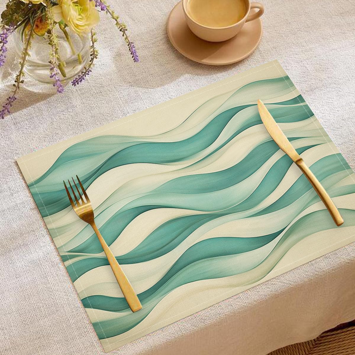 Tovagliette Lavabili, Onde Astratte Set di 8 Tovaglietta, Banda Tovaglietta in Cotone e lino Bifacciale Antiscivolo Resistenti al Calore Tovagliette 45 x 30 cm