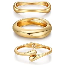 YEEZII Gold Bangle Bracelets for Women, 3 Pcs Indian Boho Stackable Set, Multi Layer Textured 14K Gold Plated Adjustable Bracelets Jewelry Set Chunky
