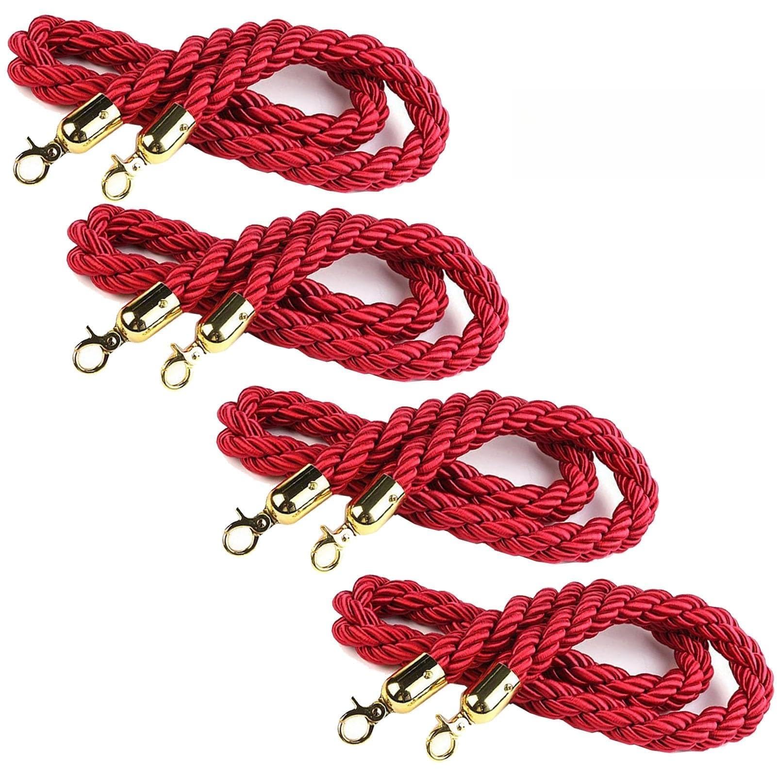GDMDPTE Set of 4 Red Braided Ropes with Gold Hooks - 1.8m VIP Crowd Control Stanchions for Events Hotels Theaters Grand Openings & Banks - Hemp Barrier Ropes