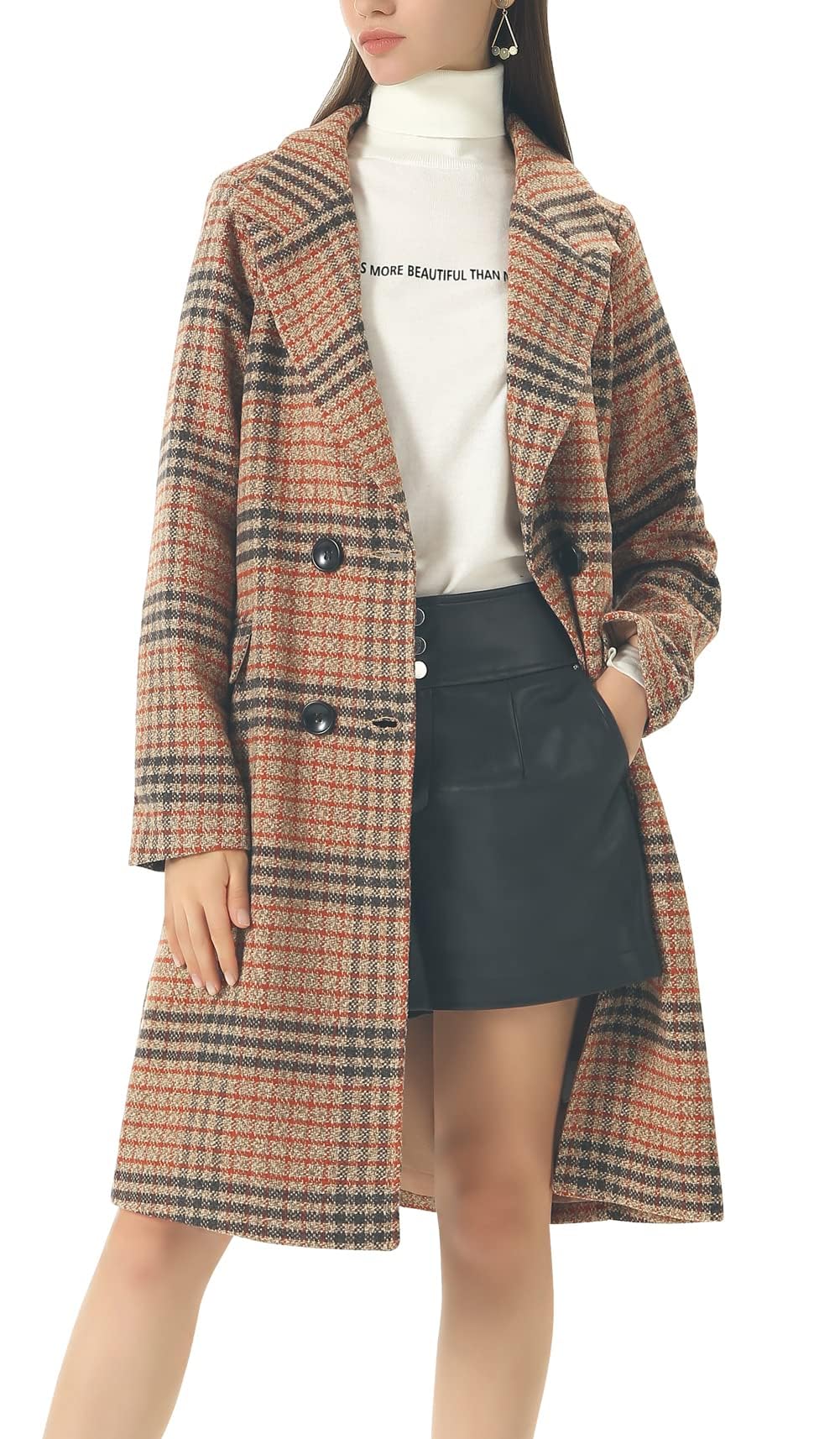 chouyatou Womens Classic Notched Collar Double Breasted Plaid Wool Blend Long Trench Coat