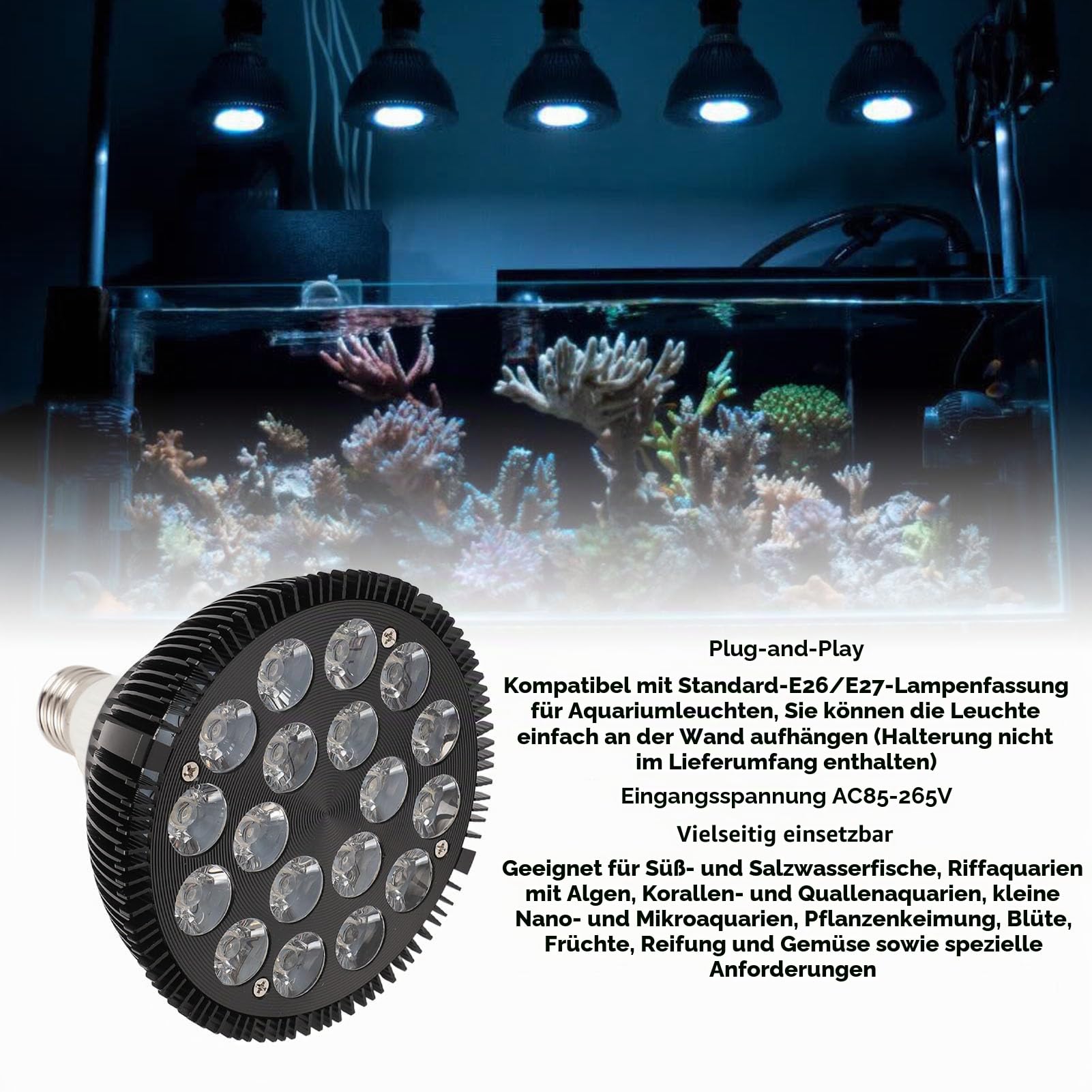 Fockety LED Aquariumbeleuchtung, Glühbirne, Salzwasser Aquarium Licht, Vollspektrum, Wasserpflanzen, Wachstumslampe, Refugium Licht, LED Rifflichter für Korallen Meeresalgen Schildkröten